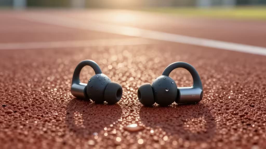 Sweat-droplet-covered wireless earbuds with ear hooks rest on a red running track, captured in warm, low-angle product photography.