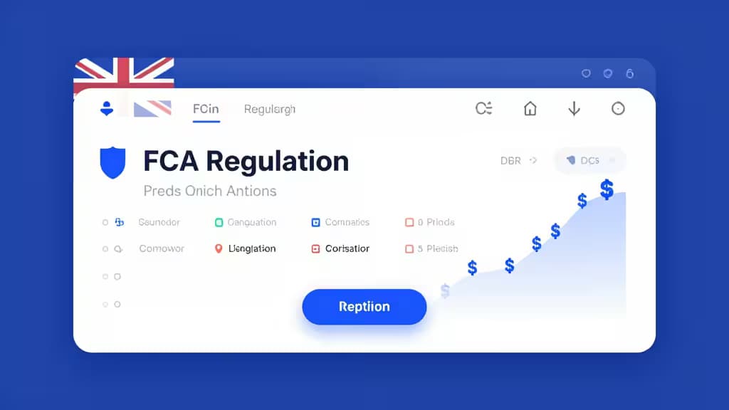 Tableau de bord FCA Regulation avec icône de bouclier bleu et graphique de hausse, surmonté d'un drapeau Union Jack.