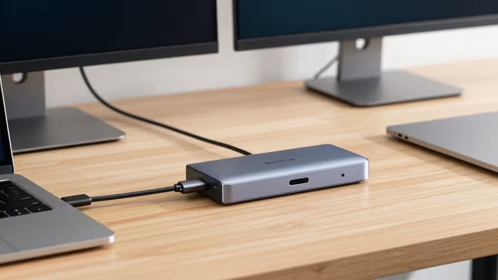 Dock USB4 en aluminium connecté à un MacBook Pro avec double moniteur sur bureau en bois.