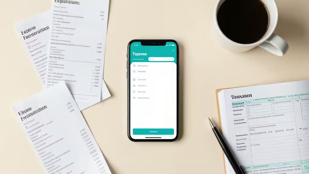 Smartphone displaying expense app sits among receipts, tax forms, and coffee on a freelancer's desk.