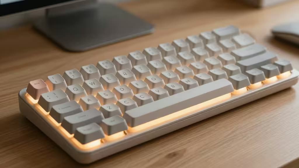 Ergonomische Tastatur mit wellenförmigem Design auf einem hellen Schreibtisch, Nahaufnahme von oben