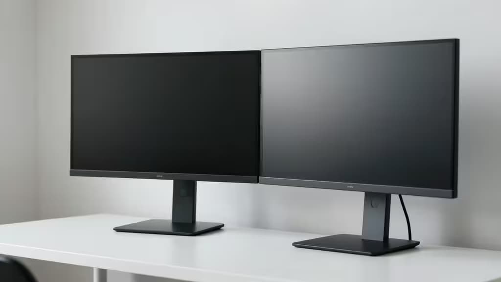 Due monitor neri affiancati su una scrivania bianca, pronti per l'upgrade con bracci verticali