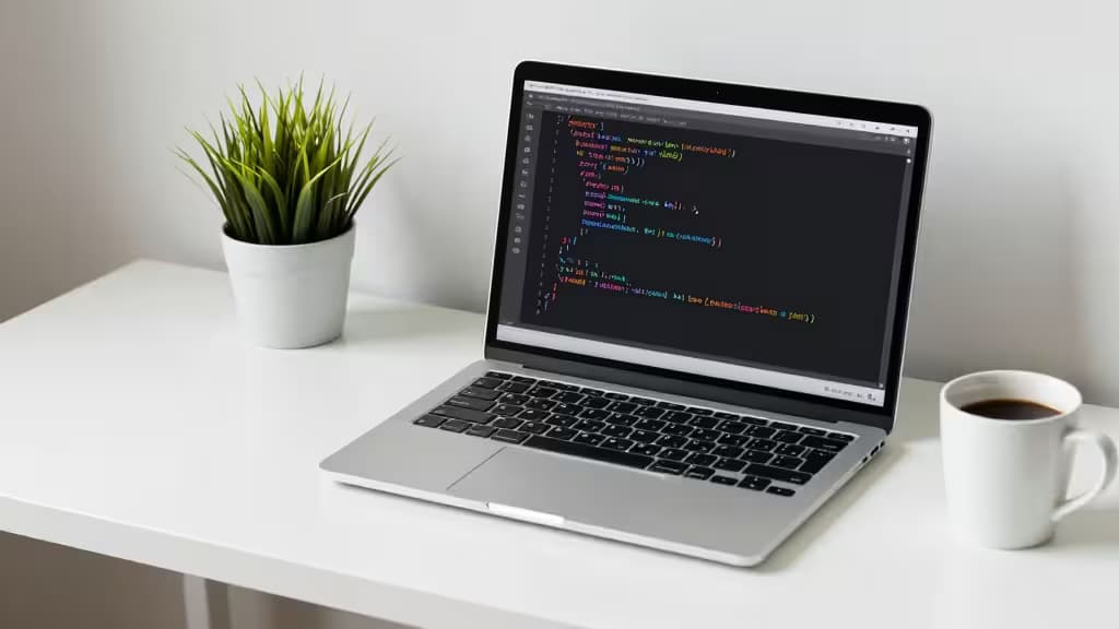 Um laptop prateado exibe código Rust sobre uma mesa branca ao lado de um vaso de planta e uma xícara de café.