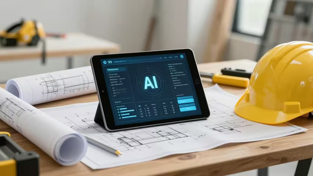 Tablet displaying AI interface rests on blueprints beside yellow hard hat and tools on wooden workbench.