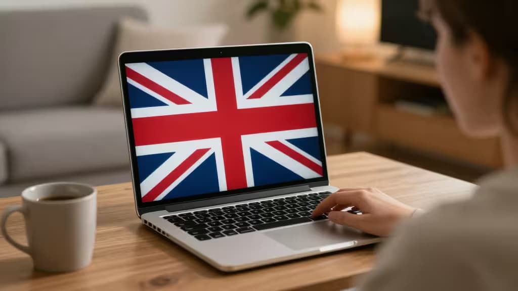 Person types on laptop displaying UK flag, coffee cup nearby, cozy living room setting.