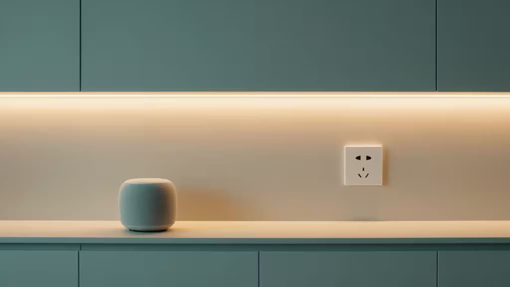 A teal smart speaker sits on a white countertop beneath warm LED strip lighting against teal cabinetry.