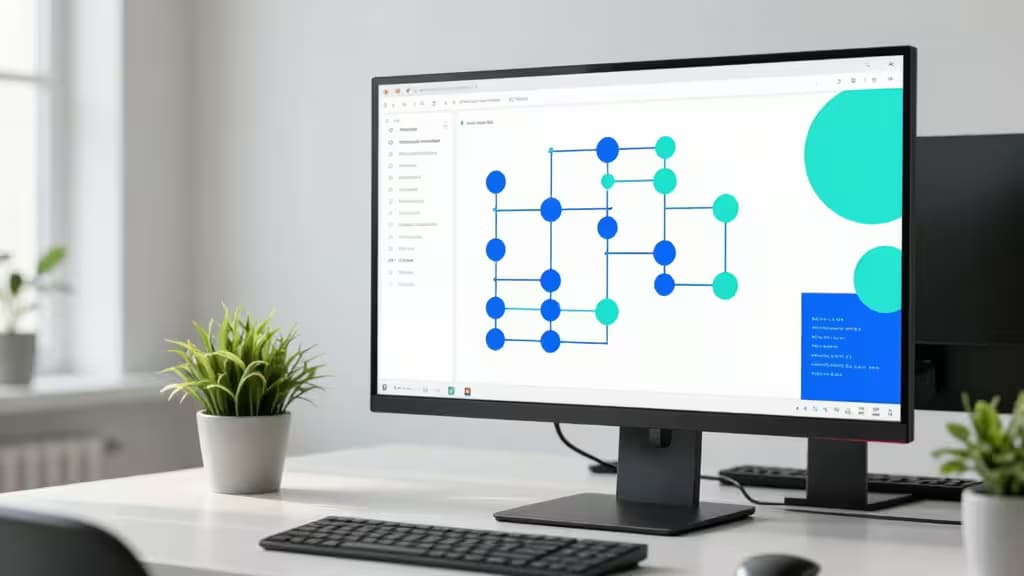Un monitor moderno muestra un diagrama de pipeline de CI/CD, flanqueado por plantas en maceta sobre un escritorio minimalista.