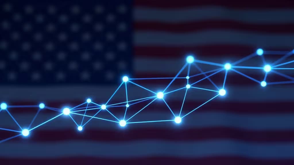 Un réseau blockchain lumineux bleu se superpose au drapeau américain, symbolisant les échanges crypto pour résidents US en 2025.