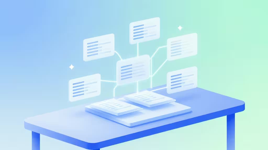 Glowing digital documents float above a blue table, connected by lines, symbolizing automated AI bookkeeping for small businesses.