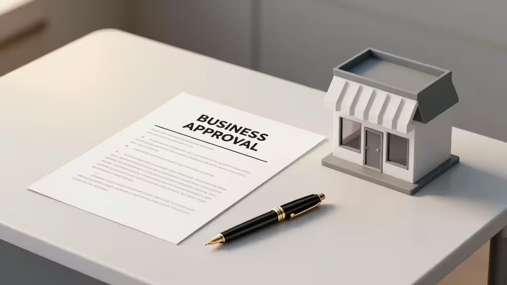 Editorial illustration of a professional desk with loan documents, a fountain pen, and a small storefront model representing SBA business financing