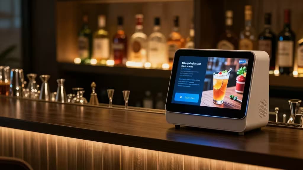 A moody home bar with warm smart lighting, a smart display showing a cocktail recipe, and a compact air purifier beside premium liquor bottles