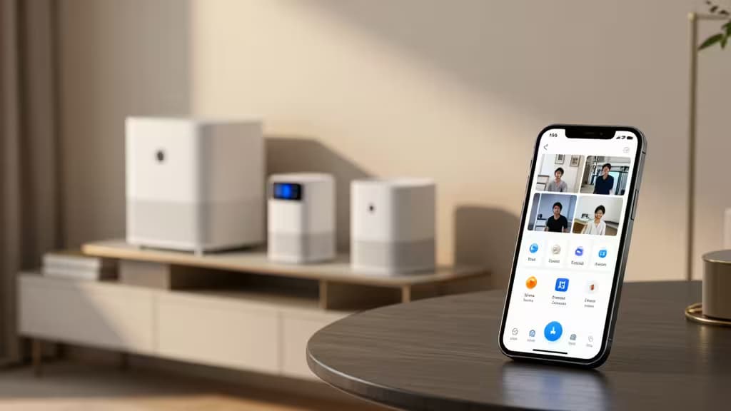 Smartphone mostra l'app HomeKit Secure Video con interfaccia italiana, telecamere connesse in un moderno soggiorno.