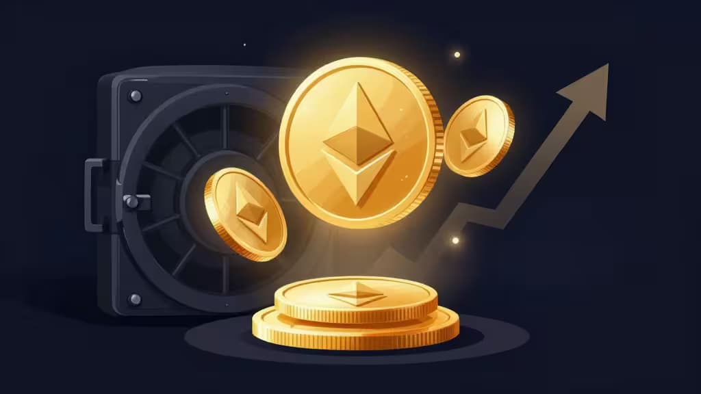 Moedas Ethereum brilhantes saem de um cofre escuro em direção a uma seta ascendente, simbolizando recompensas de staking nas principais exchanges de cripto.