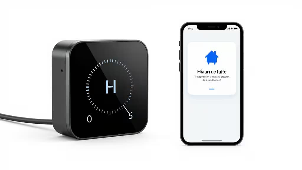 Detecteur de fuite d'eau intelligent noir avec ecran numerique a cote d'une interface d'application smartphone