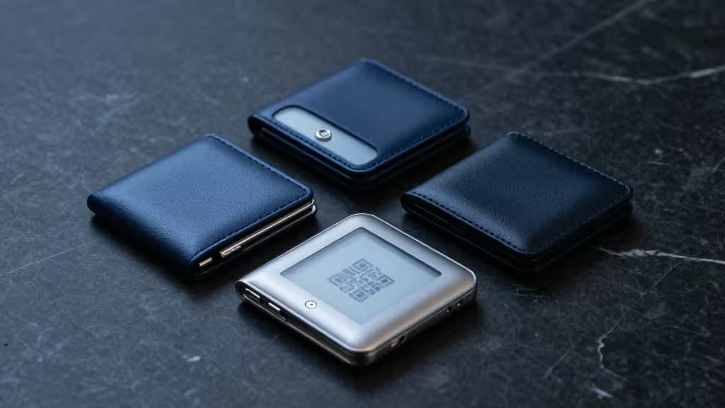 Vier moderne Hardware-Wallets aus Metall und Leder liegen auf dunklem Marmor, eines zeigt einen QR-Code auf seinem Display.