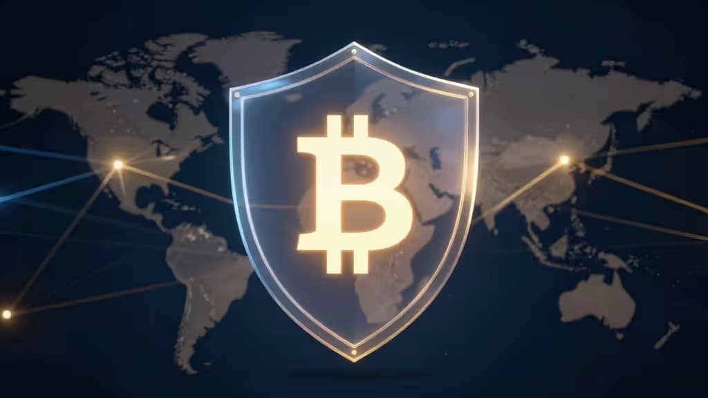 Glowing Bitcoin shield overlays world map, symbolizing secure global crypto protection.