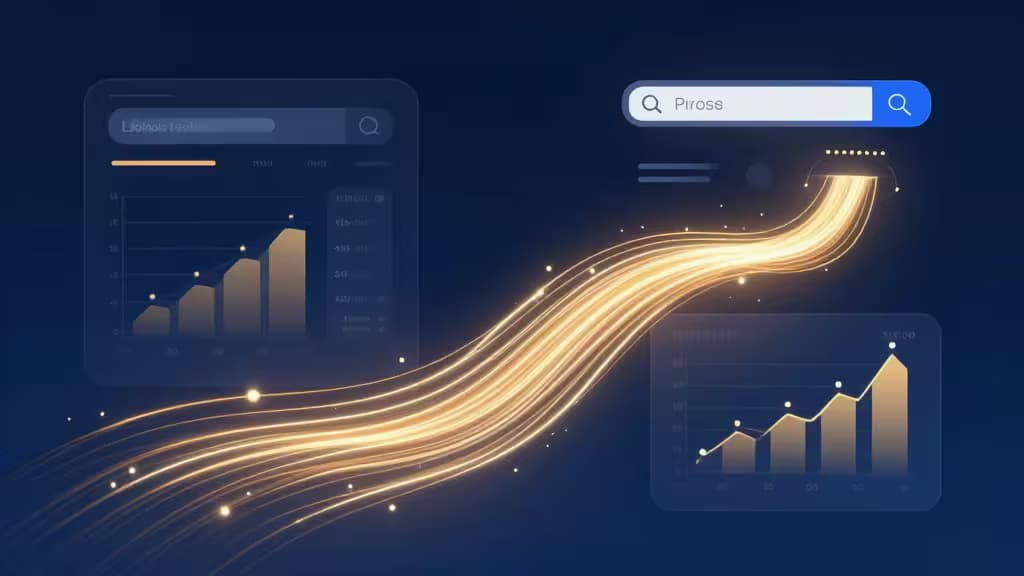 Abstract illustration of AI-powered advertising optimization with glowing data streams, conversion funnels, and predictive analytics charts in blue and amber tones