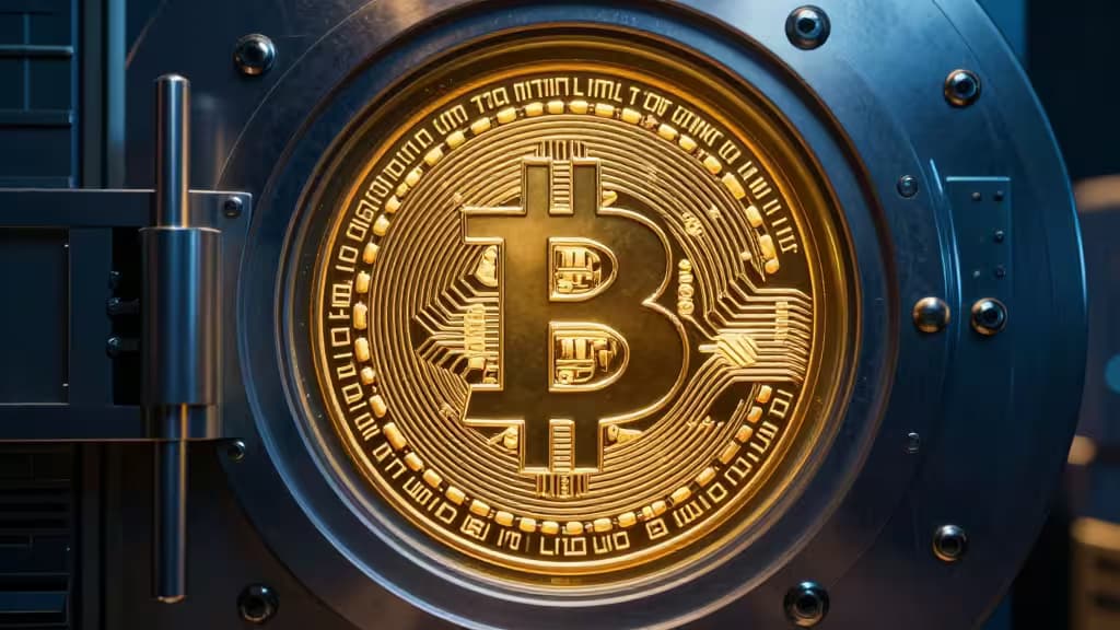 Eine leuchtende goldene Bitcoin-Münze, geätzt mit Schaltkreisen und Binärcode, sitzt zentriert in einer massiven Stahltür eines Tresors.