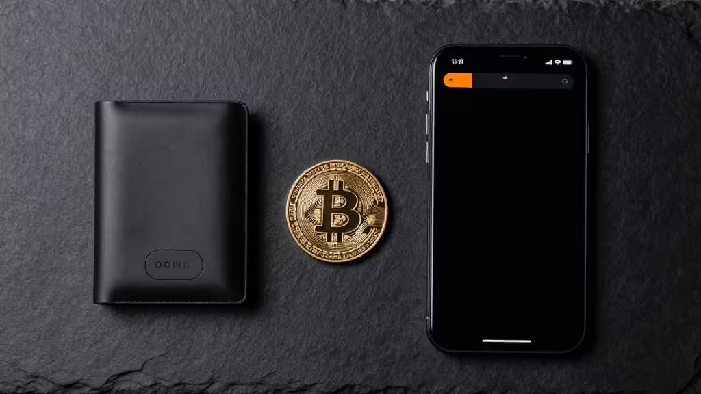Black Ledger wallet, gold Bitcoin coin, and smartphone on dark slate surface.