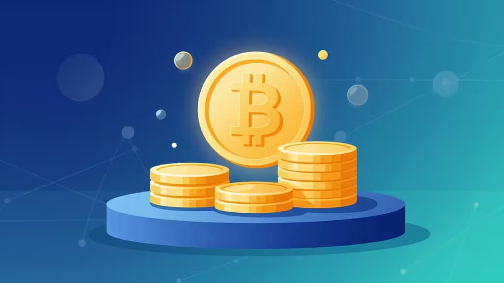 Moneta Bitcoin luminosa sospesa sopra una pila di monete dorate su un piedistallo blu, con sfondo a gradiente blu, sfere fluttuanti e linee di rete.