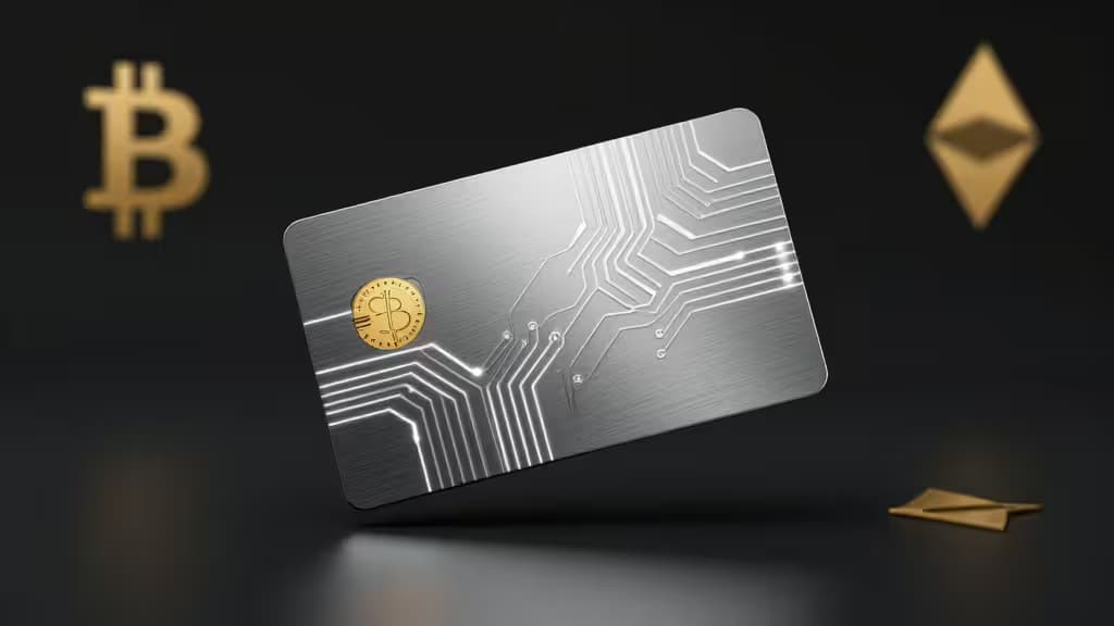 A metallic crypto debit card with circuit patterns and a Bitcoin emblem, flanked by floating Bitcoin and Ethereum symbols.