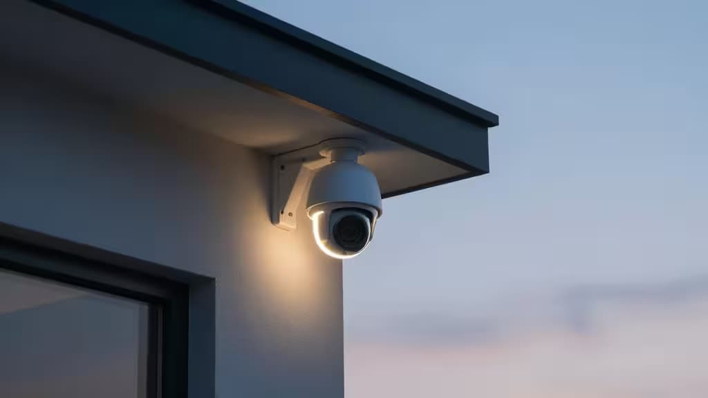 White dome security camera mounted under eaves, glowing warmly against twilight sky.