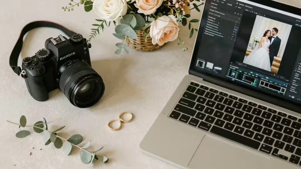 Flat-lay of wedding photography essentials including a camera, rings, and floral details arranged on a warm neutral surface with natural lighting