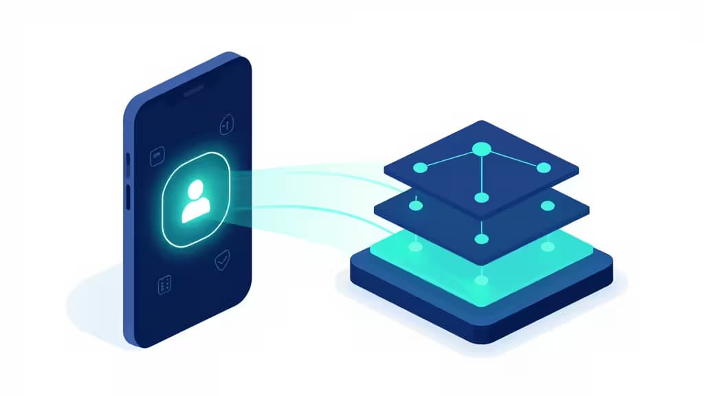Glowing smartphone connects via data streams to layered API nodes, symbolizing embedded finance platforms for startups.