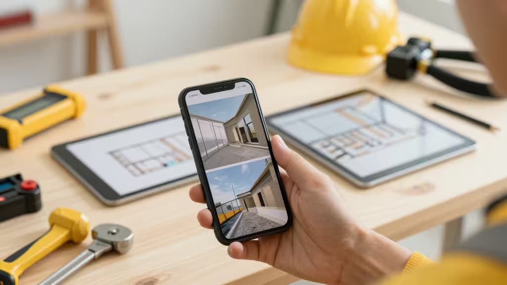 Una mano tiene uno smartphone che mostra foto di cantiere sopra un banco di lavoro con tablet, attrezzi e un casco giallo.