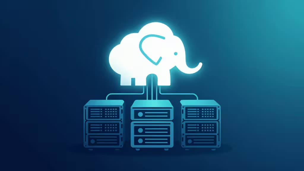 Logo PostgreSQL en forme d'éléphant blanc lumineux survolant trois baies de serveurs connectées sur un fond dégradé bleu foncé.