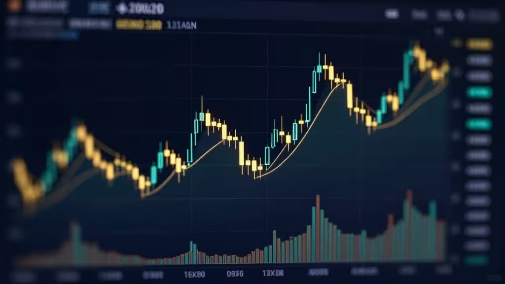 A detailed candlestick chart with moving averages and volume bars, showcasing crypto trading performance analysis.