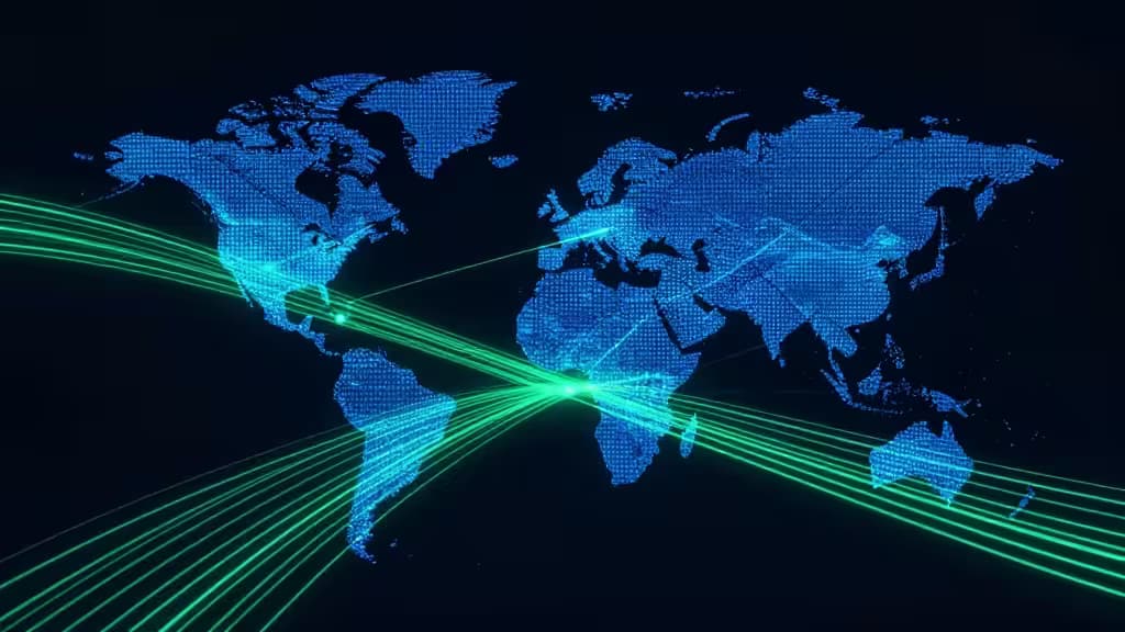 Digital blue world map with glowing green data streams connecting global server nodes.