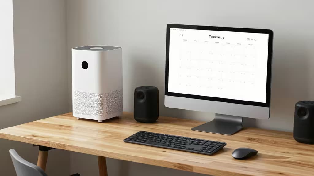 Ein weißer Luftreiniger, schwarze Lautsprecher und ein schlanker Monitor stehen auf einem hellen Holzschreibtisch – moderne Home-Office-Einrichtung im skandinavischen Stil.
