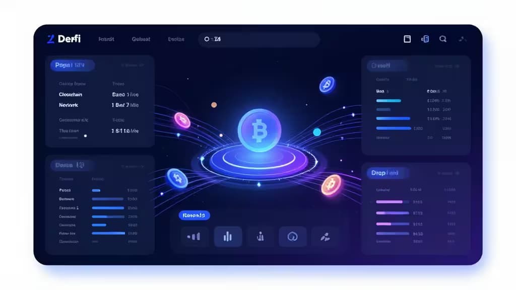 A futuristic DeFi dashboard displays glowing crypto assets and real-time portfolio analytics on a dark interface.
