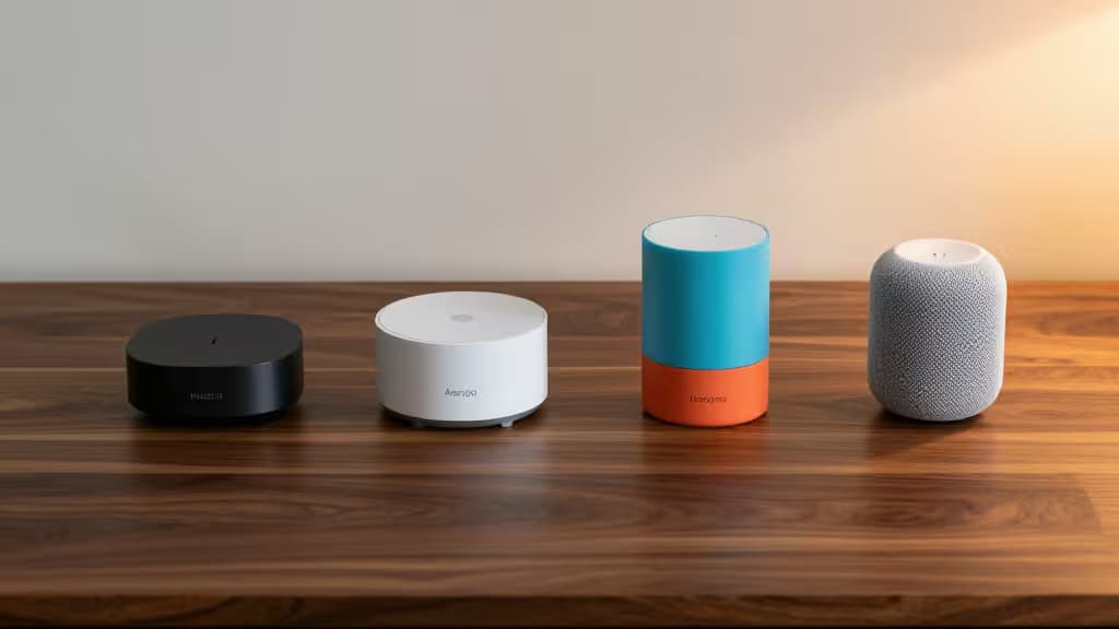 Four smart home hubs—black, white, blue-orange, and gray—lined up on a wooden surface.