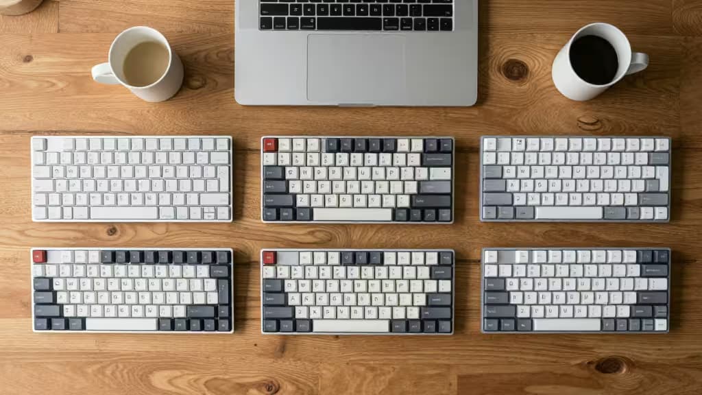 Six low-profile mechanical keyboards with white and gray keycaps arranged on a wooden desk beside a MacBook and coffee mugs.
