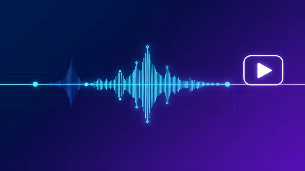 Neon waveform with AI nodes and play button on gradient background.