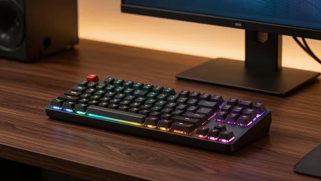 Low-profile mechanical keyboard with RGB backlighting on minimalist wooden desk setup.