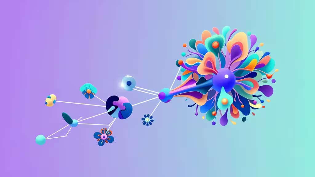Arte abstracto y colorido florece desde una red neuronal brillante sobre un fondo de degradado de púrpura a turquesa.