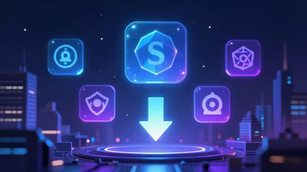 Glowing blue and purple NFT icons float above a futuristic cityscape, symbolizing low-fee crypto marketplaces.