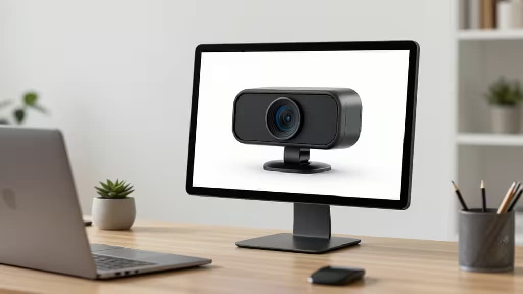 Webcam 1080p noire sur écran, bureau en bois clair, ambiance pro.