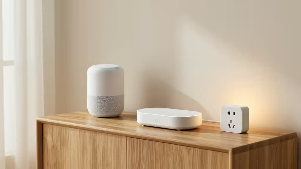 White smart speaker, hub, and plug rest on light wood console under warm ambient glow.