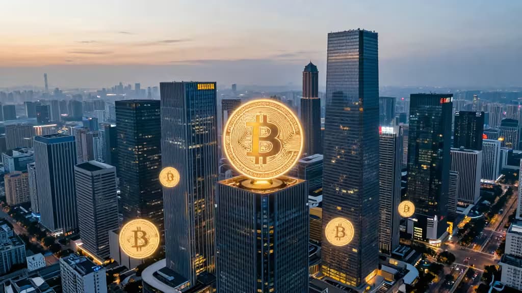 Светящиеся золотые монеты Bitcoin парят над современным городским пейзажем из стеклянных небоскрёбов на закате.