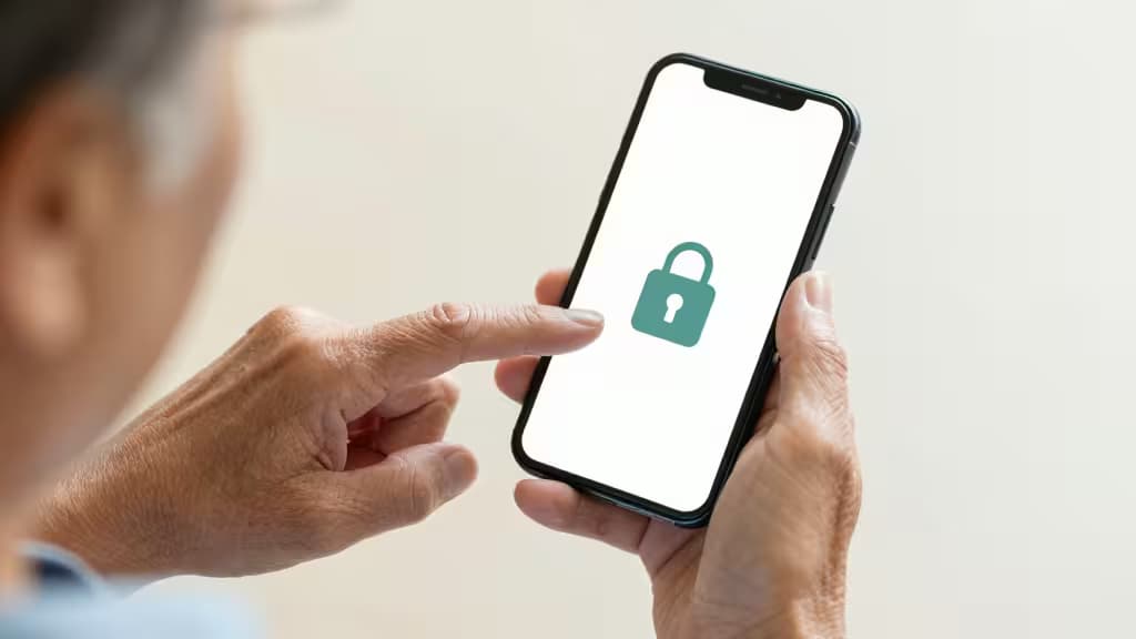 Elderly hands tap smartphone screen displaying green lock icon, symbolizing secure password management.