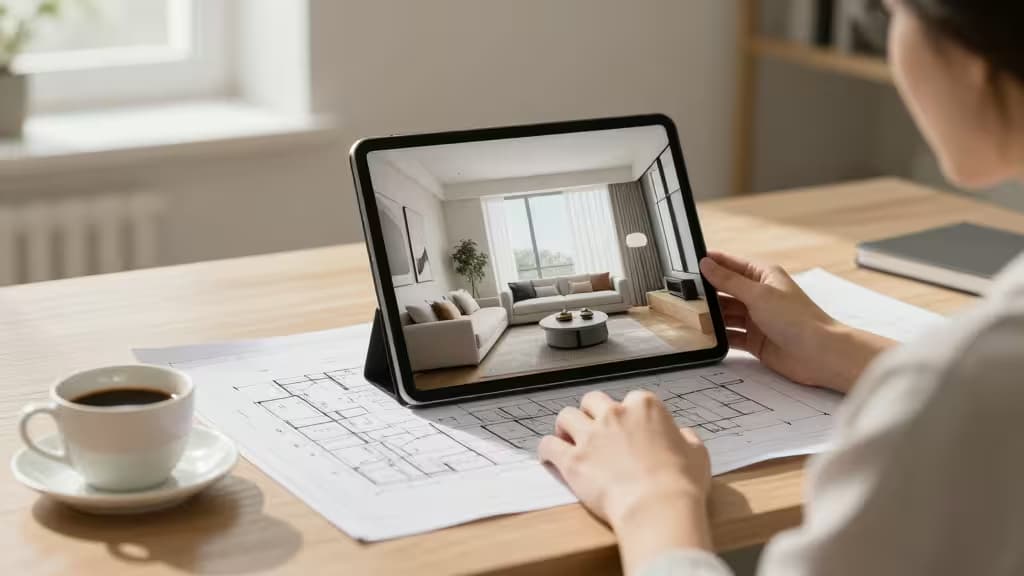 Architect reviews AI-rendered living room on tablet beside blueprints and coffee.