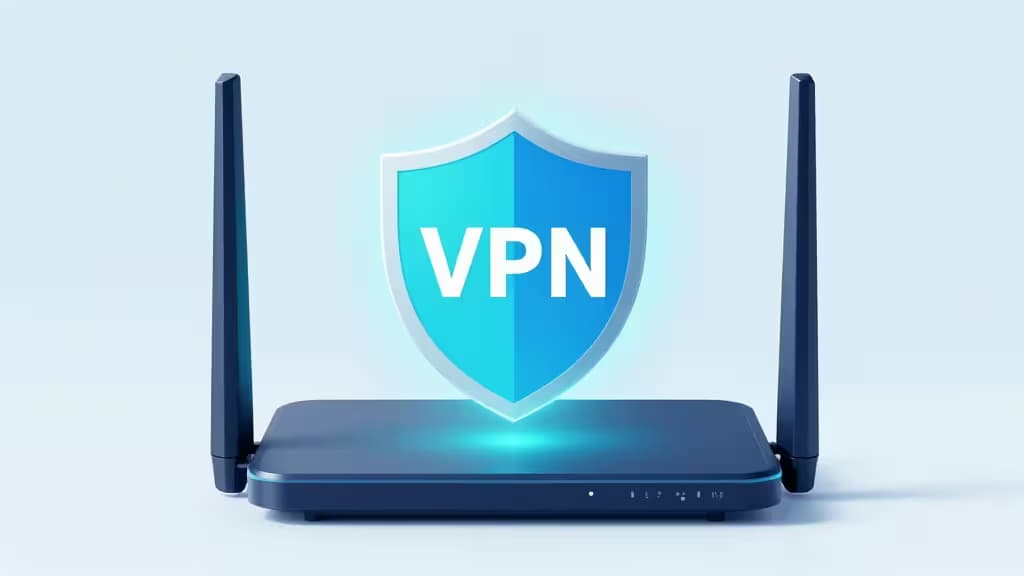 Un router blu con due antenne mostra uno scudo luminoso con scritta VPN, a simboleggiare la protezione sicura della rete domestica.