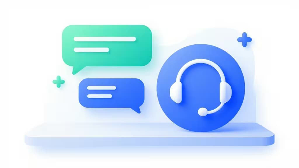 Glossy teal and blue chat bubbles float beside a white support headset icon on a glowing blue platform.