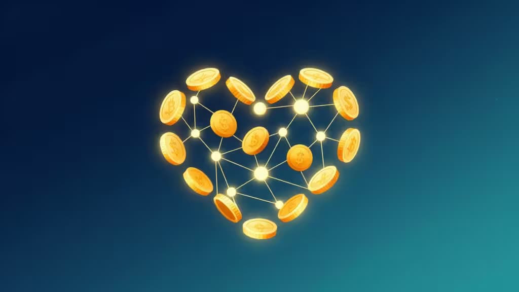 Golden Bitcoin coins form a glowing heart network against a blue gradient, symbolizing secure crypto donations for nonprofits with auto-conversion and compliance.