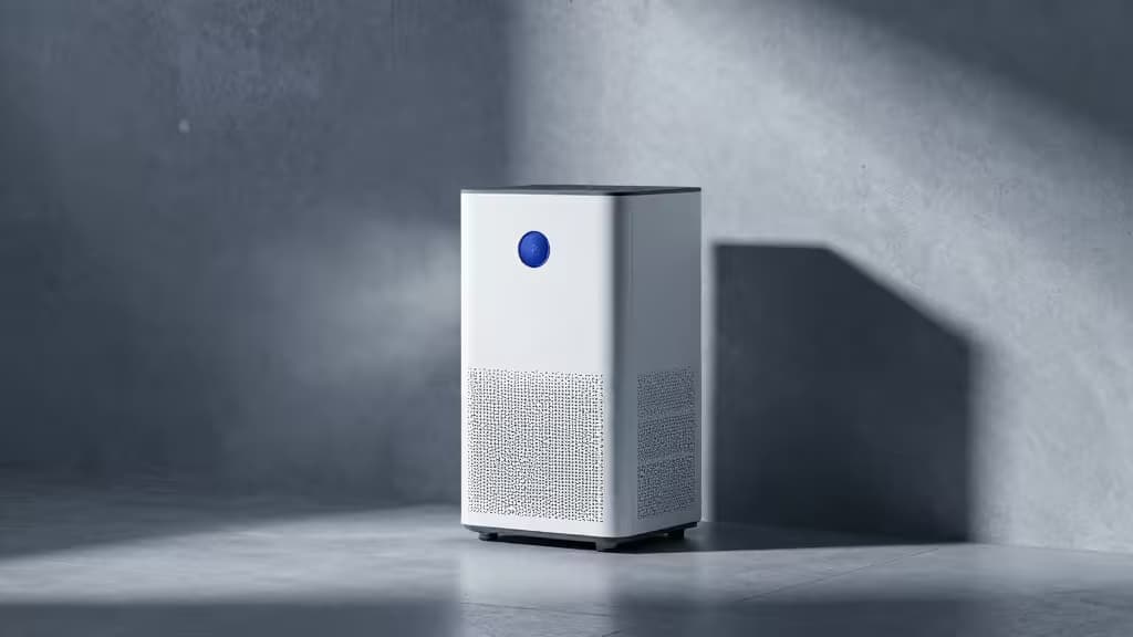 Desumidificador branco com sensor azul sobre betão polido contra paredes texturadas cinzentas numa cave moderna.