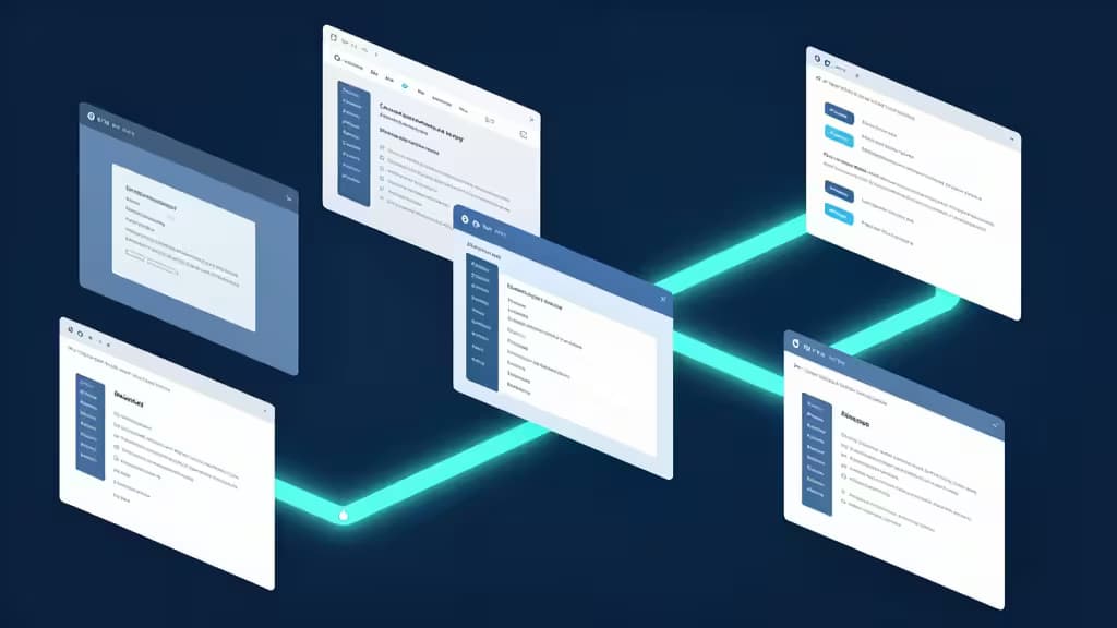 Floating browser windows connected by glowing cyan lines on dark blue background.